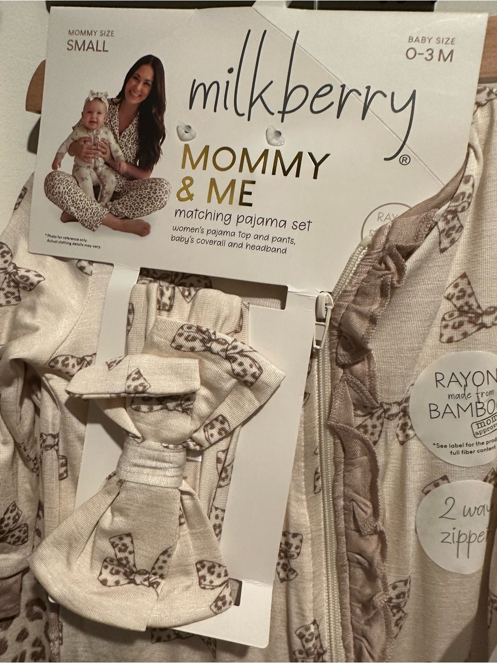 Milkberry Cream Leopard Bow Baby Pajama Set with Headband